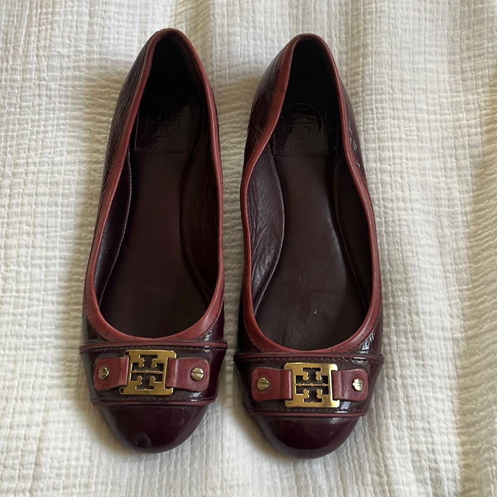 Tory Burch Burgundy Flats with Gold Accents